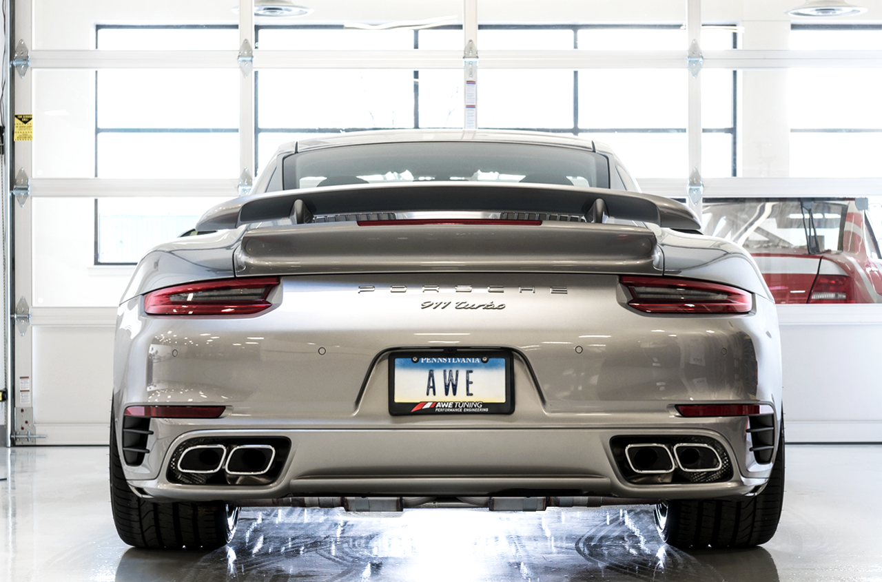 AWE Performance Exhaust and High-Flow Cat Sections for Porsche 991.2 Turbo - Stock Tips