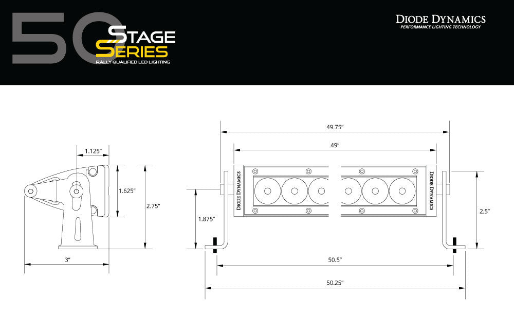 Diode Dynamics 50 Inch LED Light Bar Single Row Straight Amber Combo Each Stage Series